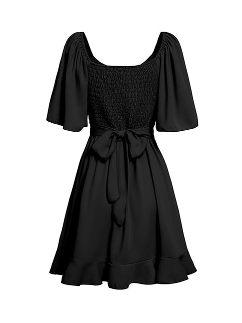 Verspieltes Rüschen-Minikleid mit gebundener Taille und ausgestellten Ärmeln