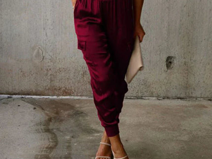 Satin-Jogginghose mit hoher Taille und Taschen