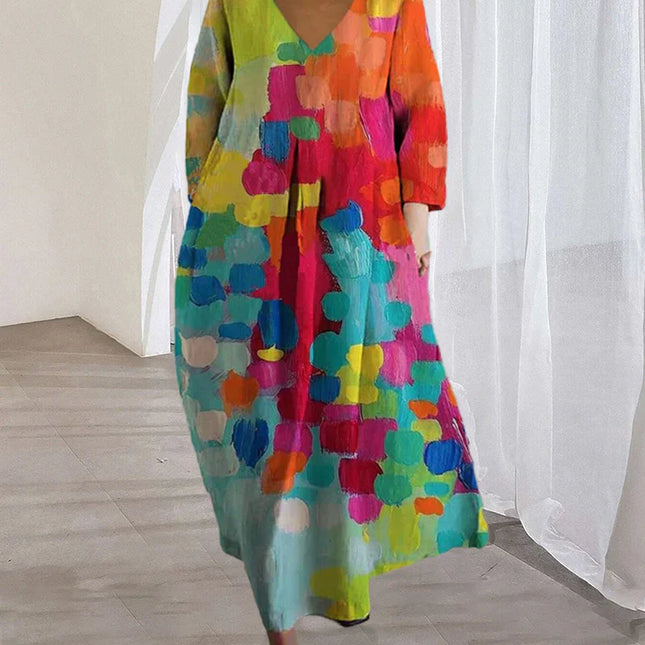 Bunt bedrucktes Kleid mit V-Ausschnitt