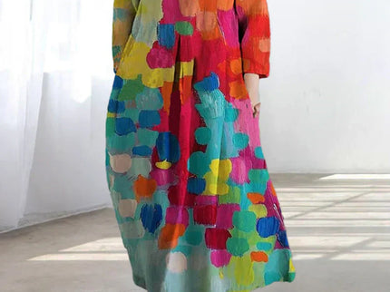 Bunt bedrucktes Kleid mit V-Ausschnitt