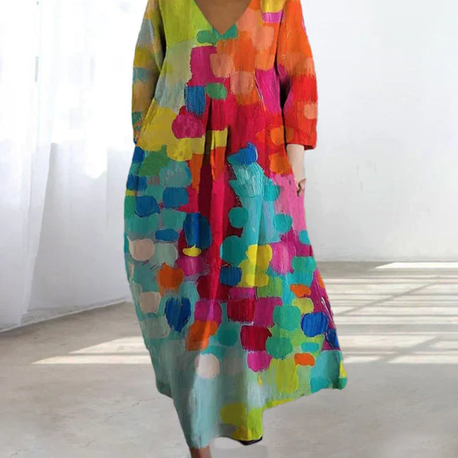 Bunt bedrucktes Kleid mit V-Ausschnitt