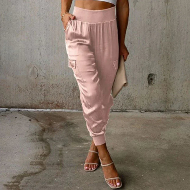 Satin-Jogginghose mit hoher Taille und Taschen