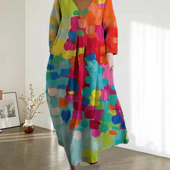 Bunt bedrucktes Kleid mit V-Ausschnitt