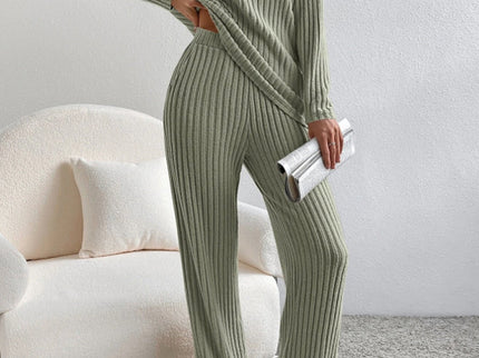 V Neck Ribbed Design Comfy Loose Straight-leg Trousers Two-Piece Set