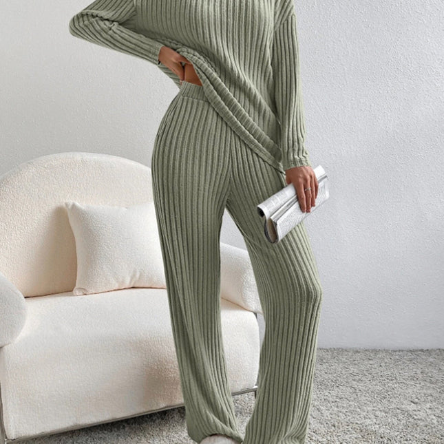 V Neck Ribbed Design Comfy Loose Straight-leg Trousers Two-Piece Set