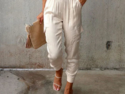 Satin-Jogginghose mit hoher Taille und Taschen