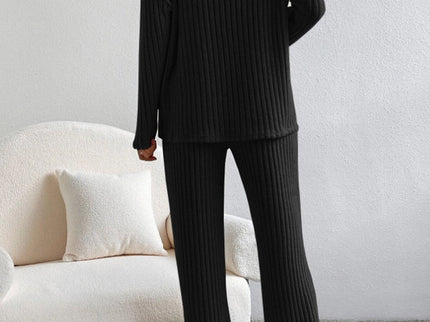 V Neck Ribbed Design Comfy Loose Straight-leg Trousers Two-Piece Set
