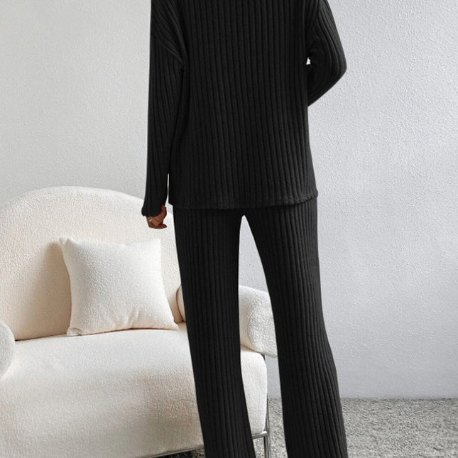 V Neck Ribbed Design Comfy Loose Straight-leg Trousers Two-Piece Set