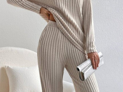 V Neck Ribbed Design Comfy Loose Straight-leg Trousers Two-Piece Set