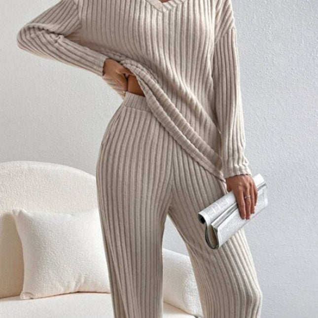 V Neck Ribbed Design Comfy Loose Straight-leg Trousers Two-Piece Set