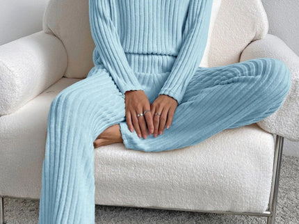 V Neck Ribbed Design Comfy Loose Straight-leg Trousers Two-Piece Set