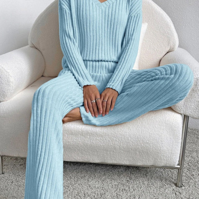 V Neck Ribbed Design Comfy Loose Straight-leg Trousers Two-Piece Set