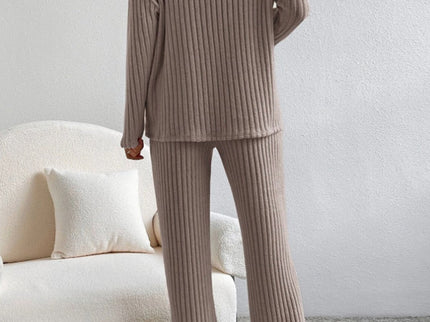 V Neck Ribbed Design Comfy Loose Straight-leg Trousers Two-Piece Set