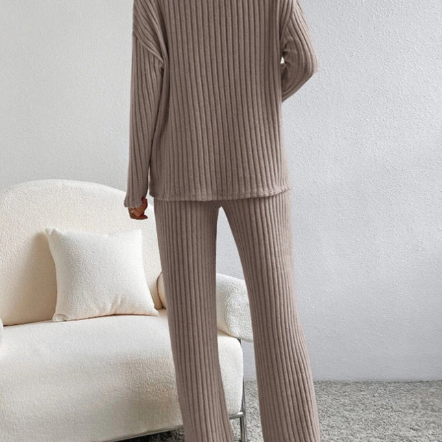 V Neck Ribbed Design Comfy Loose Straight-leg Trousers Two-Piece Set