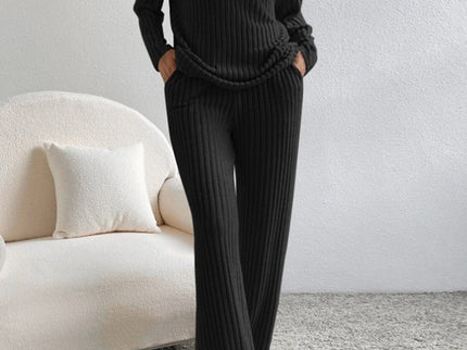 V Neck Ribbed Design Comfy Loose Straight-leg Trousers Two-Piece Set