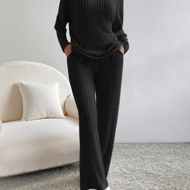 V Neck Ribbed Design Comfy Loose Straight-leg Trousers Two-Piece Set