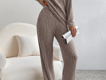 V Neck Ribbed Design Comfy Loose Straight-leg Trousers Two-Piece Set