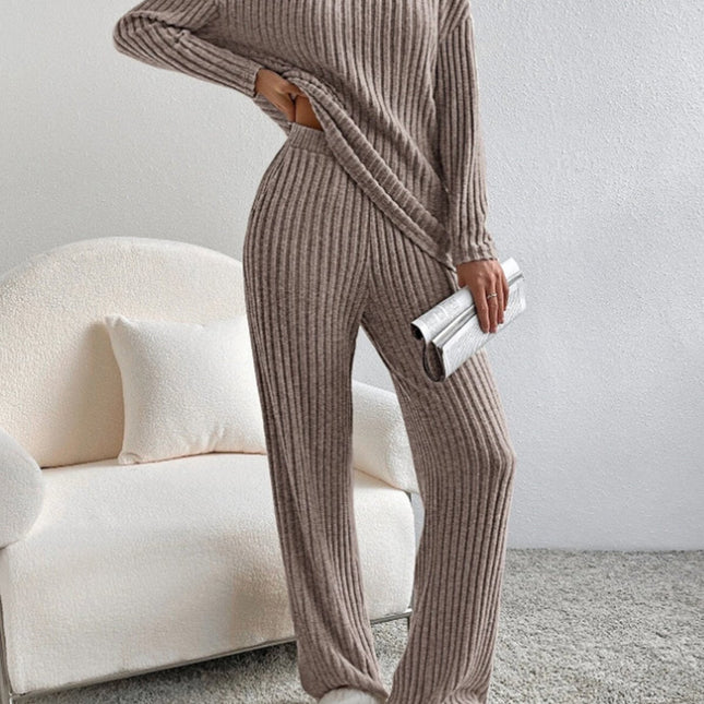 V Neck Ribbed Design Comfy Loose Straight-leg Trousers Two-Piece Set