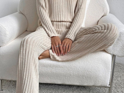 V Neck Ribbed Design Comfy Loose Straight-leg Trousers Two-Piece Set