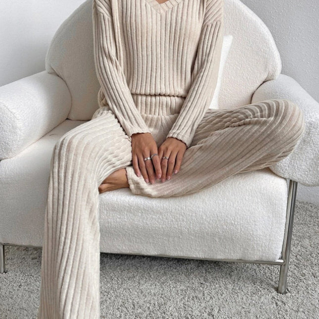 V Neck Ribbed Design Comfy Loose Straight-leg Trousers Two-Piece Set