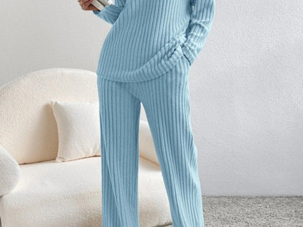 V Neck Ribbed Design Comfy Loose Straight-leg Trousers Two-Piece Set