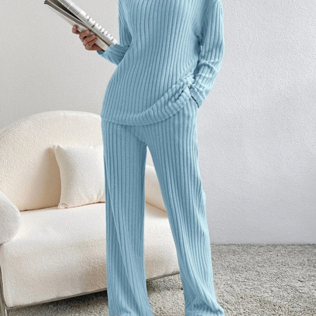 V Neck Ribbed Design Comfy Loose Straight-leg Trousers Two-Piece Set