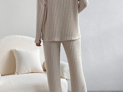V Neck Ribbed Design Comfy Loose Straight-leg Trousers Two-Piece Set