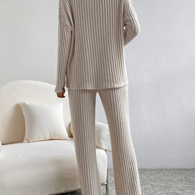 V Neck Ribbed Design Comfy Loose Straight-leg Trousers Two-Piece Set