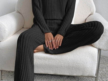 V Neck Ribbed Design Comfy Loose Straight-leg Trousers Two-Piece Set