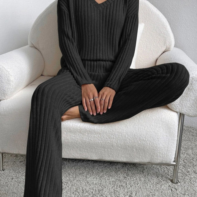 V Neck Ribbed Design Comfy Loose Straight-leg Trousers Two-Piece Set