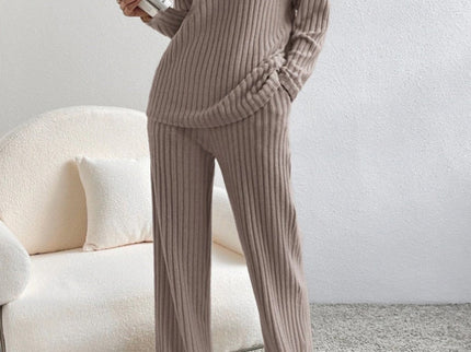 V Neck Ribbed Design Comfy Loose Straight-leg Trousers Two-Piece Set