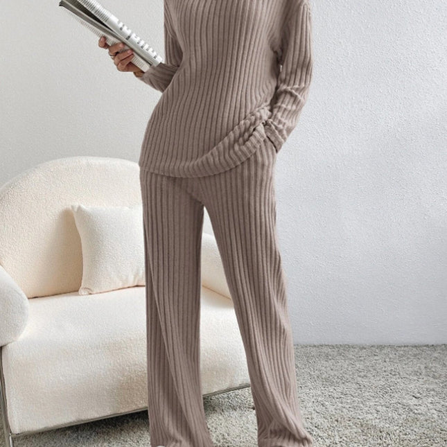 V Neck Ribbed Design Comfy Loose Straight-leg Trousers Two-Piece Set