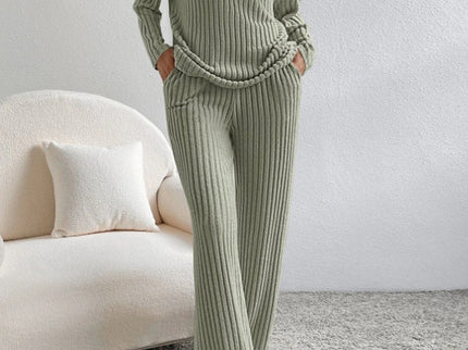 V Neck Ribbed Design Comfy Loose Straight-leg Trousers Two-Piece Set
