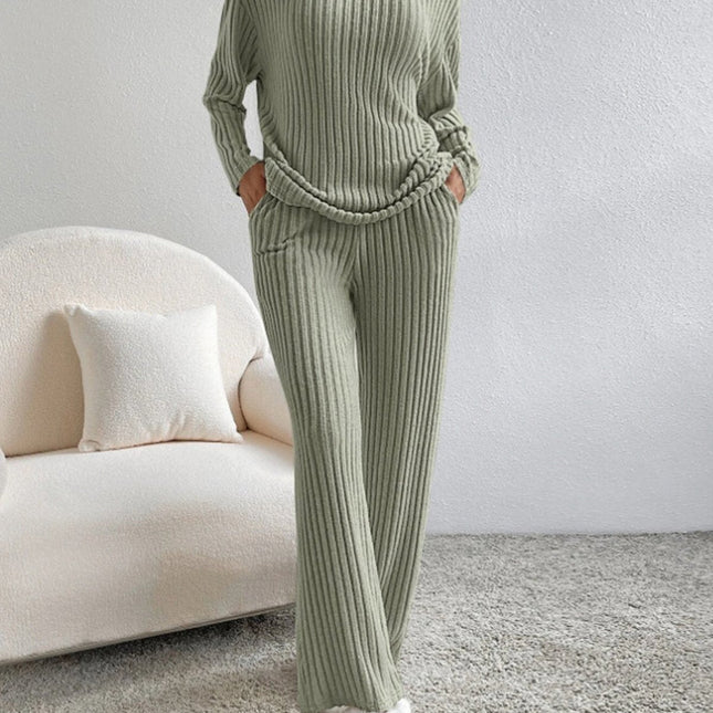 V Neck Ribbed Design Comfy Loose Straight-leg Trousers Two-Piece Set