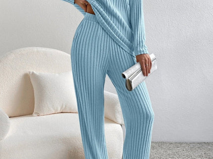 V Neck Ribbed Design Comfy Loose Straight-leg Trousers Two-Piece Set