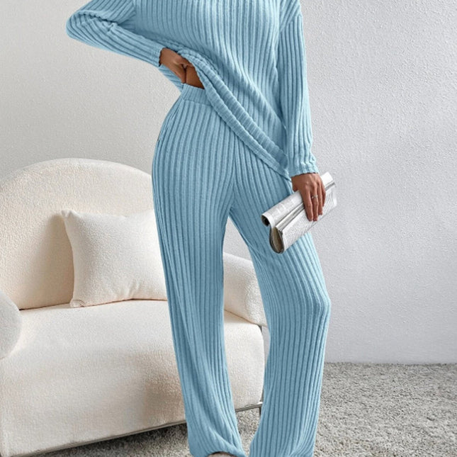 V Neck Ribbed Design Comfy Loose Straight-leg Trousers Two-Piece Set