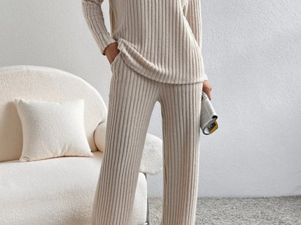 V Neck Ribbed Design Comfy Loose Straight-leg Trousers Two-Piece Set