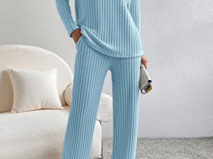 V Neck Ribbed Design Comfy Loose Straight-leg Trousers Two-Piece Set