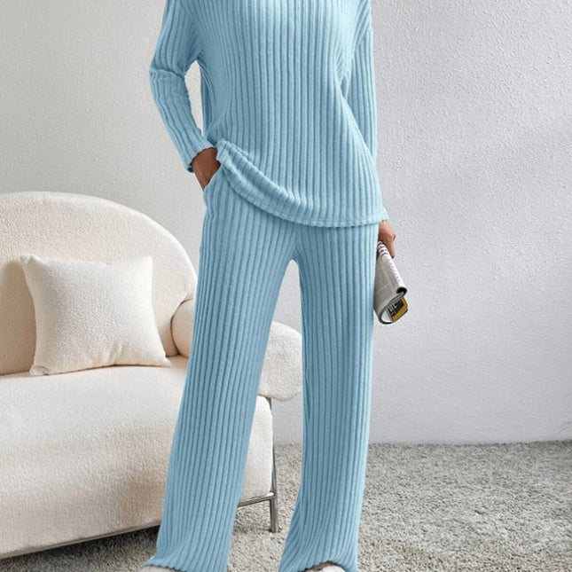 V Neck Ribbed Design Comfy Loose Straight-leg Trousers Two-Piece Set