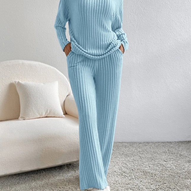 V Neck Ribbed Design Comfy Loose Straight-leg Trousers Two-Piece Set